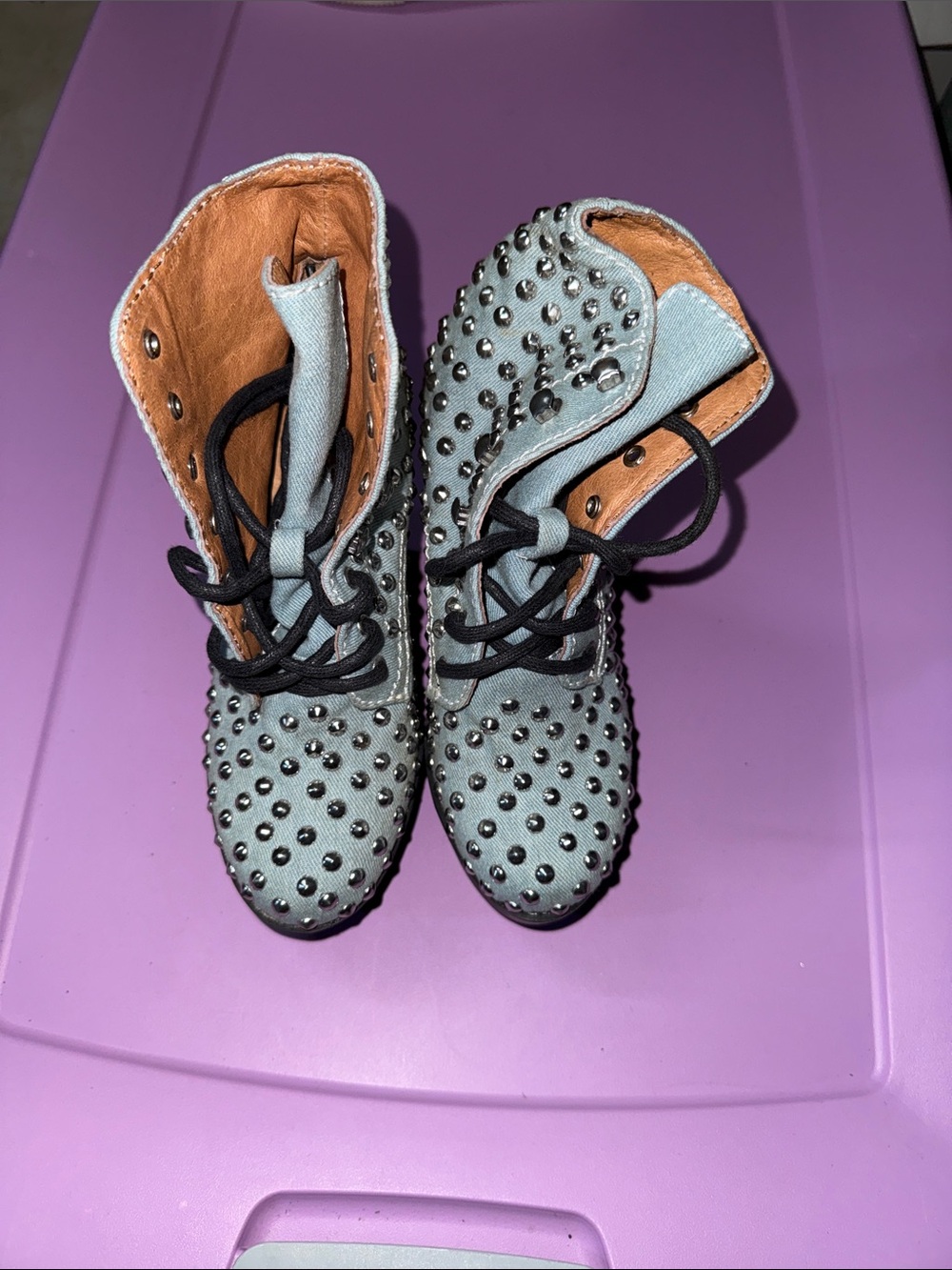 Jeffrey Campbell  Studded Lace-Up Boots - Light Blue denim with Black Laces